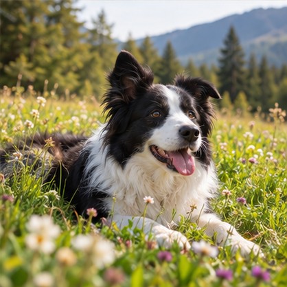 Border collie relaxing in a meadow