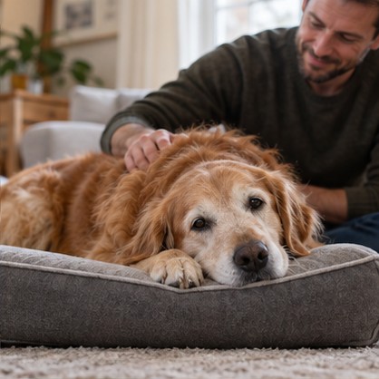Senior golden retriever resting on a supportive bed