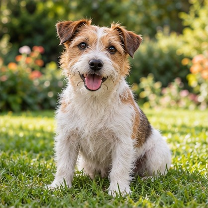 Small terrier sitting in a green garden
