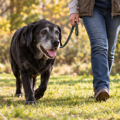 Older black Labrador on a gentle walk with its owner
