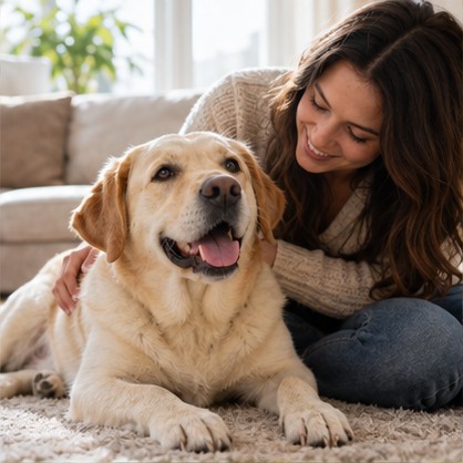 Labrador with its owner in a sunny living room