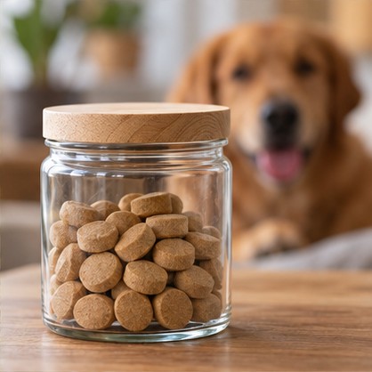 Unbranded dog supplement wafers in a closed jar