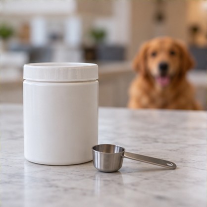 Unbranded closed supplement container and empty measuring spoon
